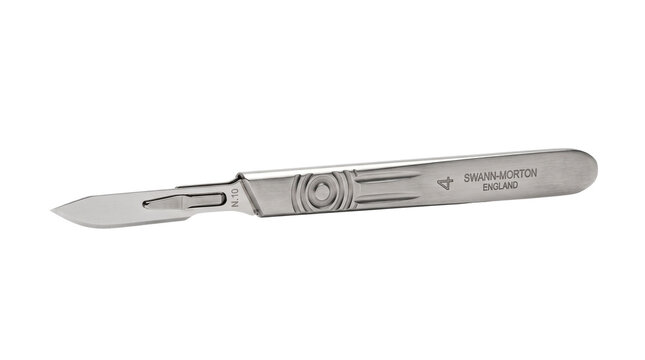 Surgical scalpel with stainless steel blade, professional medical cutting tool on white background, sharp sterile lancet for surgery and dissection
