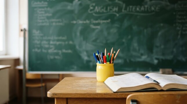 An open textbook resting on a wooden classroom desk in front of a green chalkboard to celebrate the annual global event international literacy day