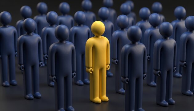 Yellow Individual Standing Out Among Blue Crowd