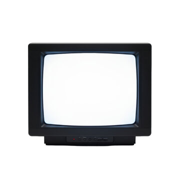 Vintage cathode-ray tube television with matte black plastic casing and a glowing white screen centered against a transparent background, minimalist tech nostalgia