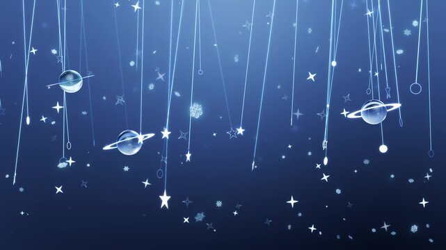 Cartoon dreamy blue starry sky with floating planet background playing in a loop