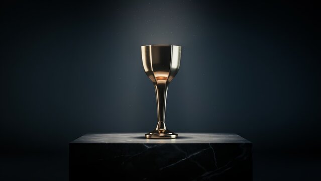 Golden chalice on a stone pedestal. Luxury goblet isolated on a dark background.