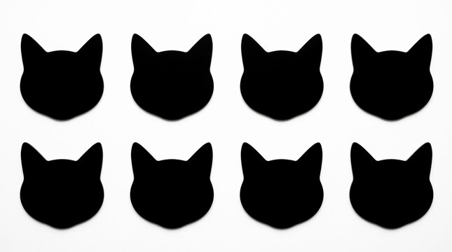 Set of eight black cat head silhouettes arranged in a grid pattern showing simple animal face shapes for graphic design projects and pet related icons or creative decorative elements