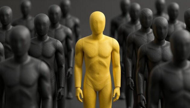 Yellow Mannequin Standing Out Among Dark Crowd