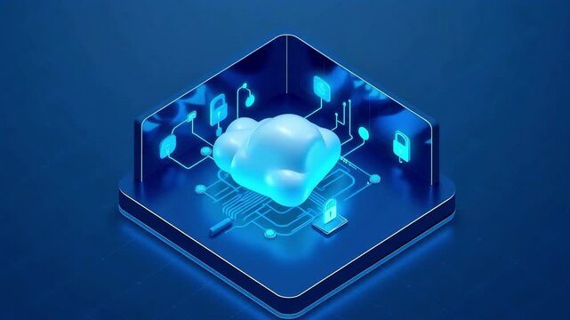 Isometric 3D animation of a glowing blue cloud computing data storage connected to digital circuit boards with security padlock icons in a virtual cyber network.
