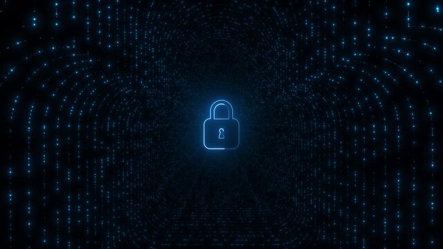 Blue cyber security lock glowing padlock icon, dotted tunnel, digital particles, dark protected network space privacy videos, password systems, encryption concepts, login screens, security overlays.