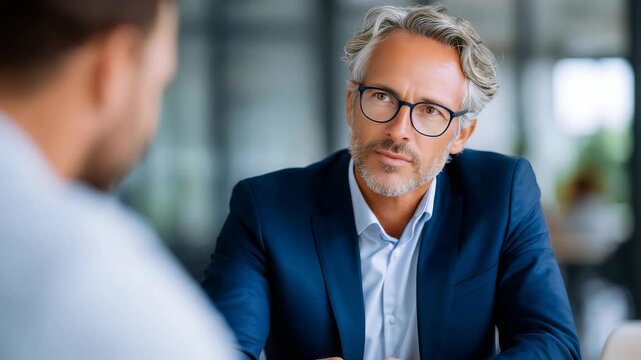 Confident mature businessman in a blue suit listens attentively during a professional meeting in a modern office. Natural light highlights his thoughtful expression and leadership qualities