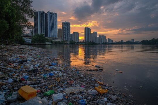 Polluted Riverbank with Plastic Waste Under a Cloudy Sunset Sky