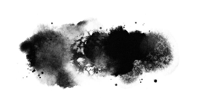 Abstract ink blob, grunge art. Black paint stroke texture in marble style. Wallpaper design. Hand drawn watercolor isolated illustration on transparent background