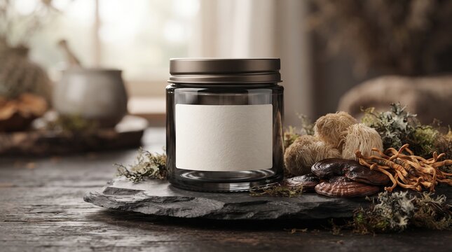 Blank label glass jar surrounded by medicinal mushrooms on natural slate surface rustic table setting with slab surrounded dried displays clear glass