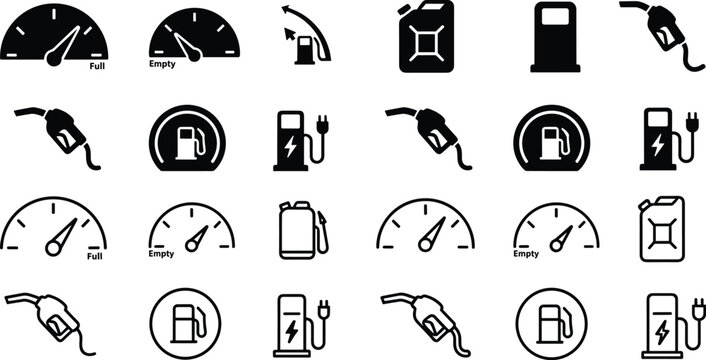 Fuel and electric vehicle charging icon vector set featuring gas gauge fuel pump nozzle canister station and dashboard indicator elements