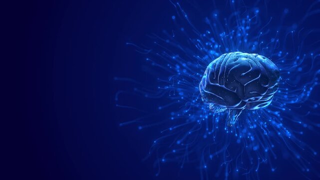 Glowing digital brain neural visual blue light trails, scattered particles, and futuristic intelligence on deep navy space. AI explainers, neuroscience clips, learning platforms, software promos,