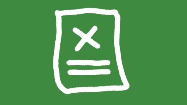 Document cross-mark paper sheet hand-drawn cartoon graphic with chalk outline rejected file icon and creative cancelled form symbol isolated on green screen background for error notice symbol.