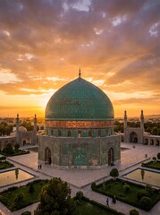 Obraz premium Majestic green dome inspired by traditional Islamic architecture beneath a dramatic golden sunset sky, featuring realistic details, peaceful atmosphere, warm lighting, and generous copy space.