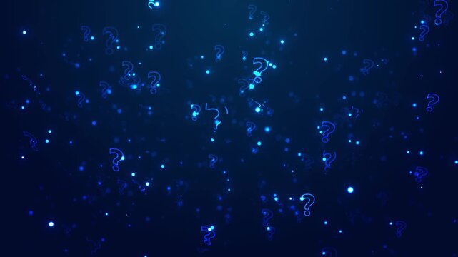 Glowing FAQ question symbol visual blue floating marks, soft light particles, dark digital depth. trivia shows, customer support explainer screens, mystery intros, educational media, motion overlays.