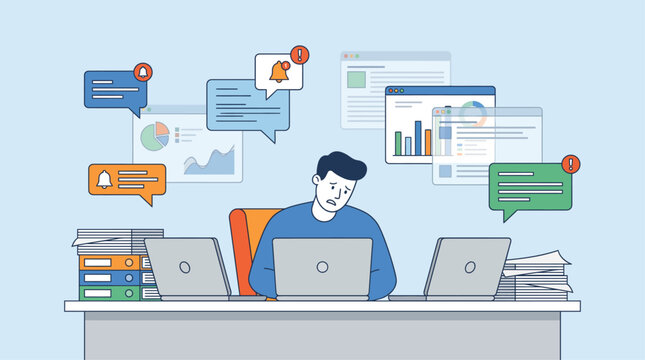Stressed employee managing information overload with multiple screens chat bubbles and business reports on desk