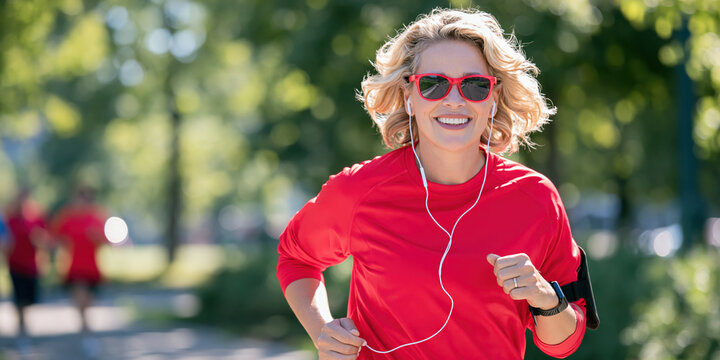 Womens health jogging in park, smiling female runner with earphone and sunglass