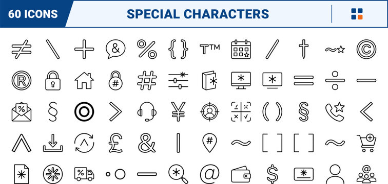 Special Characters Icons line icon set. Vector pictograms of typography, glyphs, punctuation, and interface elements, thin linear illustration.