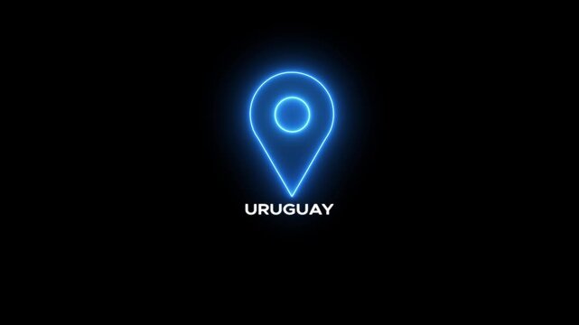 Neon location pin icon glowing with light on a dark background with the text URUGUAY map marker