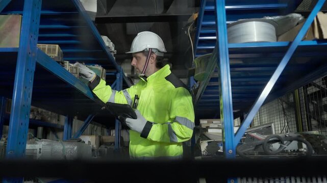 Male industrial engineer holding digital tablet while inspecting spare parts inventory on storage shelves in factory warehouse.