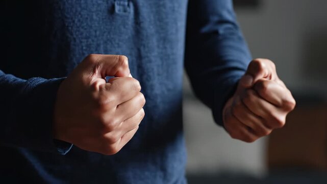 A man wearing a dark blue shirt clenches his hands into tight fists to release significant frustration or intense anger during a difficult situation that he encounters while performing daily