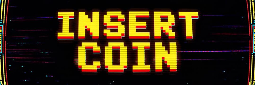 Insert Coin message glowing in pixel art 1980s arcade style, retro gaming website banner