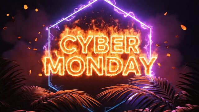 Flaming Cyber Monday text in neon hexagon with palm leaves