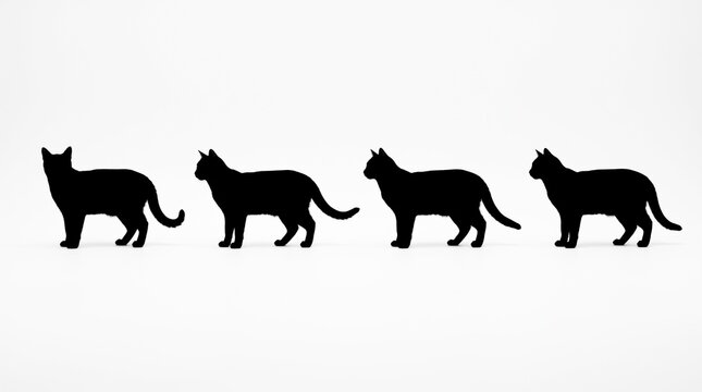 Four black cat silhouettes walking in a line isolated collection of animal shapes for creative design projects and graphic art illustrations showing feline pet movement and posture