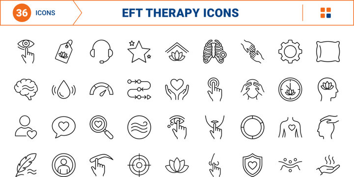 Tapping therapy studio website art line icon set. Vector pictograms of eft, points, emotional, and freedom elements, thin linear illustration.