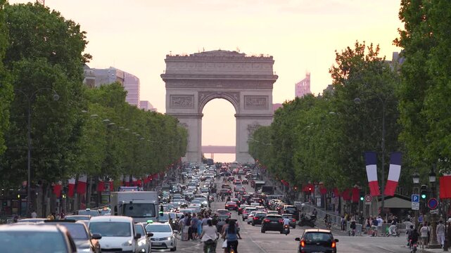 Cinematic footage of the iconic Arc de Triomphe viewed from the Avenue des Champs-&Eacute;lys&eacute;es in Paris, France. 4 k video