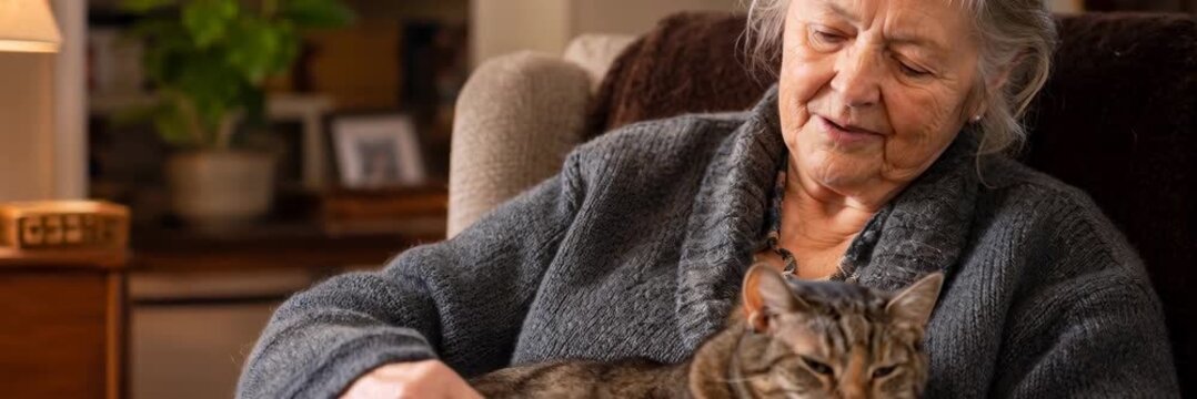 Elderly woman gently brushing a tabby cat at home, grooming, companionship website banner