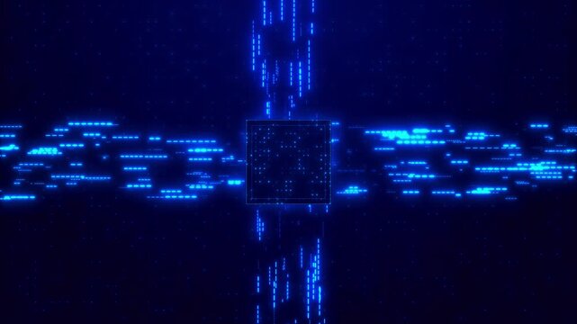Futuristic data transfer cube visual cyan signal bars, glowing center box, deep blue digital matrix space. cloud computing clips, network systems, software dashboards, tech explainers,
