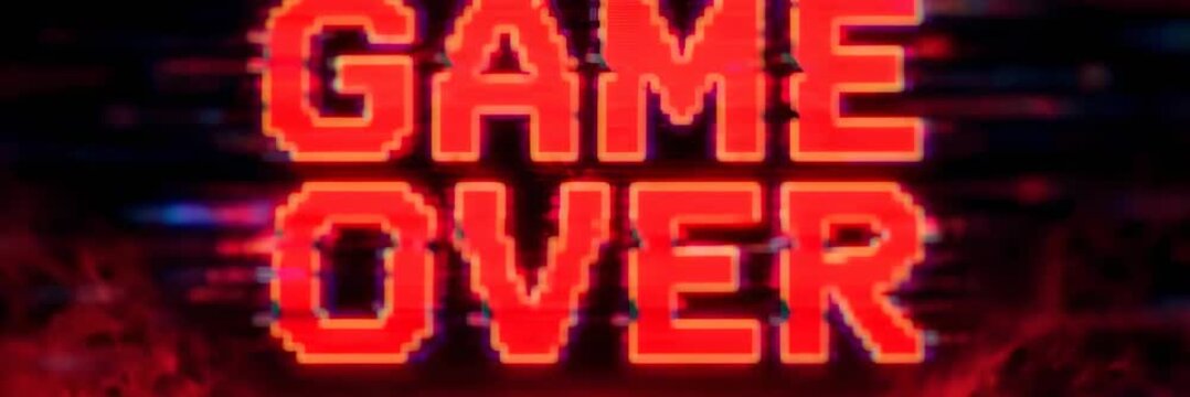 Game Over message glowing in pixel art 1980s retro gaming style, arcade website banner