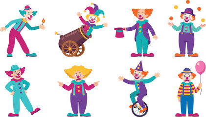 Cute circus clown cartoon character vector set performing tricks juggling riding unicycle and holding balloons isolated on white background for birthday party © MdSaddam