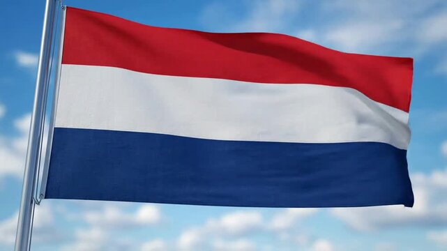 Netherlands flag waving in the wind against a clear blue sky, dutch national symbol, patriotic background, for national holidays, and news broadcasts