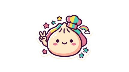 Fototapeta premium Cute Cartoon Dumpling Character with Rainbow Stars and Chef Hat
