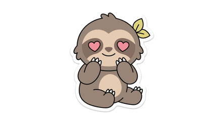Fototapeta premium Cute Cartoon Sloth Sticker with Heart Eyes and Leaves
