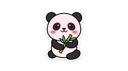 Cute cartoon panda sitting and holding bamboo vector sticker © Pwqer