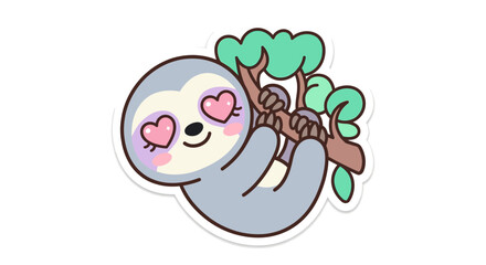 Fototapeta premium Cute Cartoon Sloth Illustration with Heart Eyes Hanging on Tree Branch