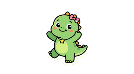 Fototapeta premium Cute green baby dinosaur character with pink bow and star