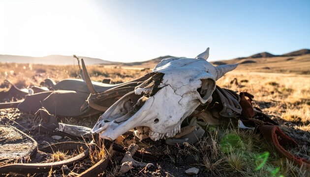 Weathered animal skull resting in dry grass on a desolate, sun-drenched landscape with rolling hills