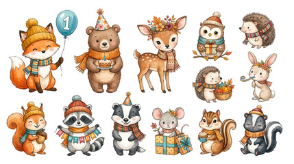 Obraz premium Cute woodland birthday animals with autumn decorations and festive clipart set. Collection of Vector illustrations for invitation, card, poster, banner, decoration