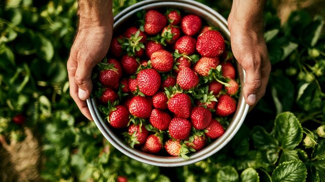 Farmer man's hands holding large bowl filled with ripe red strawberries among green foliage, showing fresh harvest, organic farming, agriculture, berry cultivation and natural food production concepts