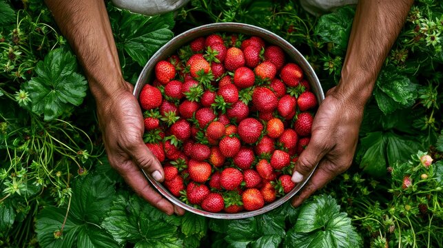 Farmer man's hands holding large bowl filled with ripe red strawberries among green foliage, showing fresh harvest, organic farming, agriculture, berry cultivation and natural food production concepts
