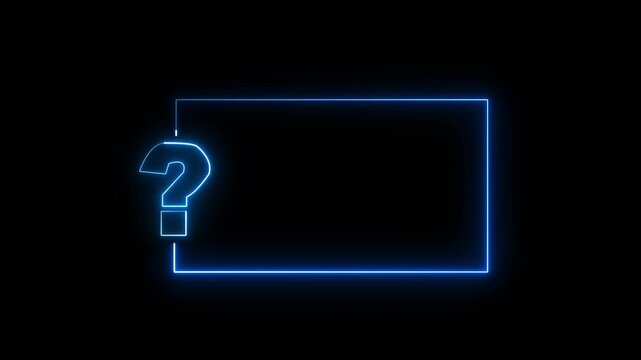Question mark neon sign light on black background. Quiz trivia game competition. blue neon question mark frame for quizzes and FAQs. Game announcement neon message. Answer question, Examination test.