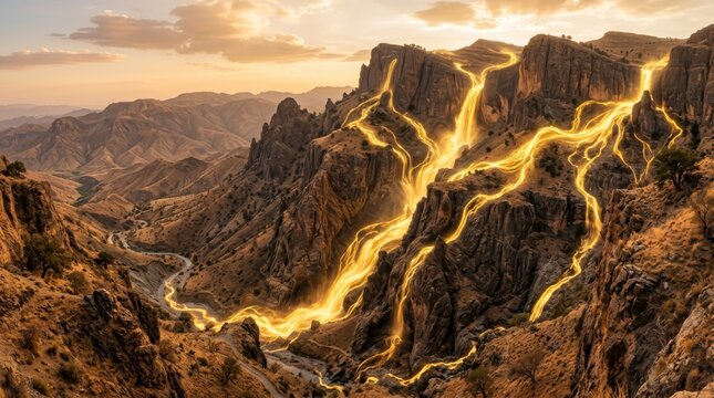 Molten Gold River in Canyon: A surreal landscape unfolds as a glowing river of molten gold cascades down rugged canyon cliffs under a dramatic sunset sky.
