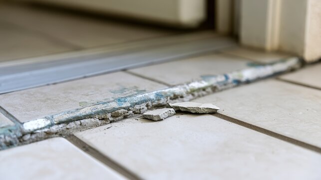 Broken ceramic floor tile with cracked grout and paint spots on doorstep edge, showing home maintenance issues, construction defects, renovation needs, property inspection and safety risks