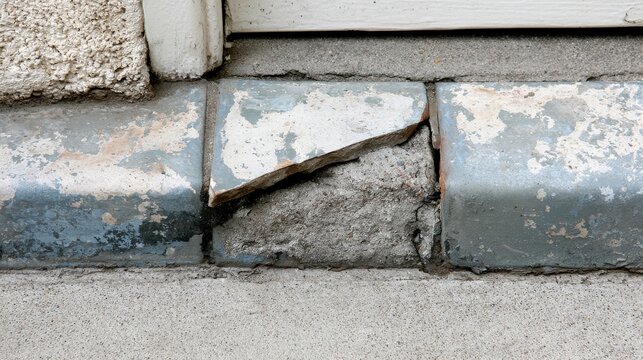 Broken ceramic floor tile with cracked grout and paint spots on doorstep edge, showing home maintenance issues, construction defects, renovation needs, property inspection and safety risks
