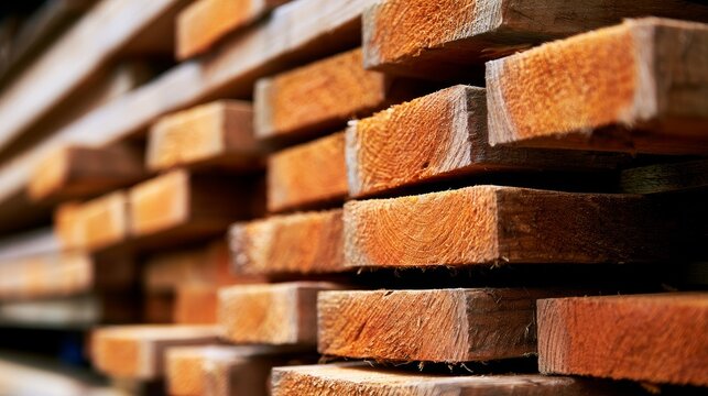 Stacked timber planks organized as building material for DIY projects, carpentry, woodworking, home renovation, construction work and natural wood material concept
