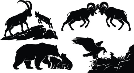 Mountain Wildlife Vector Silhouette Set Featuring Ibex, Clashing Bighorn Rams, Grizzly Bear Family, and Eagle in Nest © SabbirAhmed